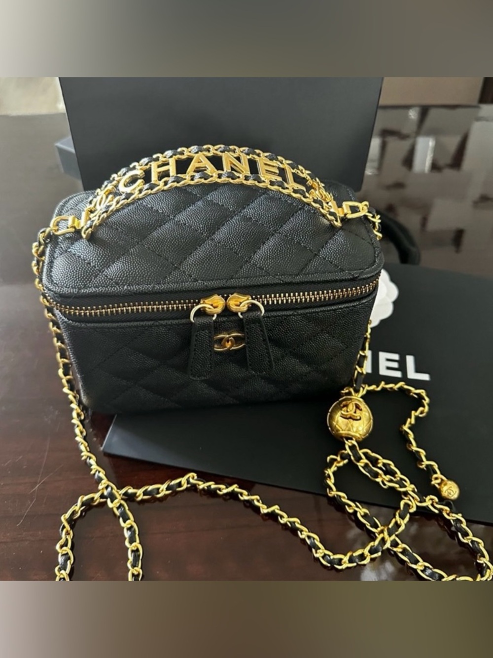 GWP Chanel Black Quilted Leather vanity Bag chain crossbody